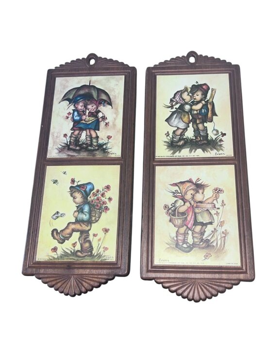 Scafa Tornabene Art Publ. Co, Evans Other - Vintage 1972 Evans Child Art Litho Wall Plaques Set Scafa Tornabene Wood